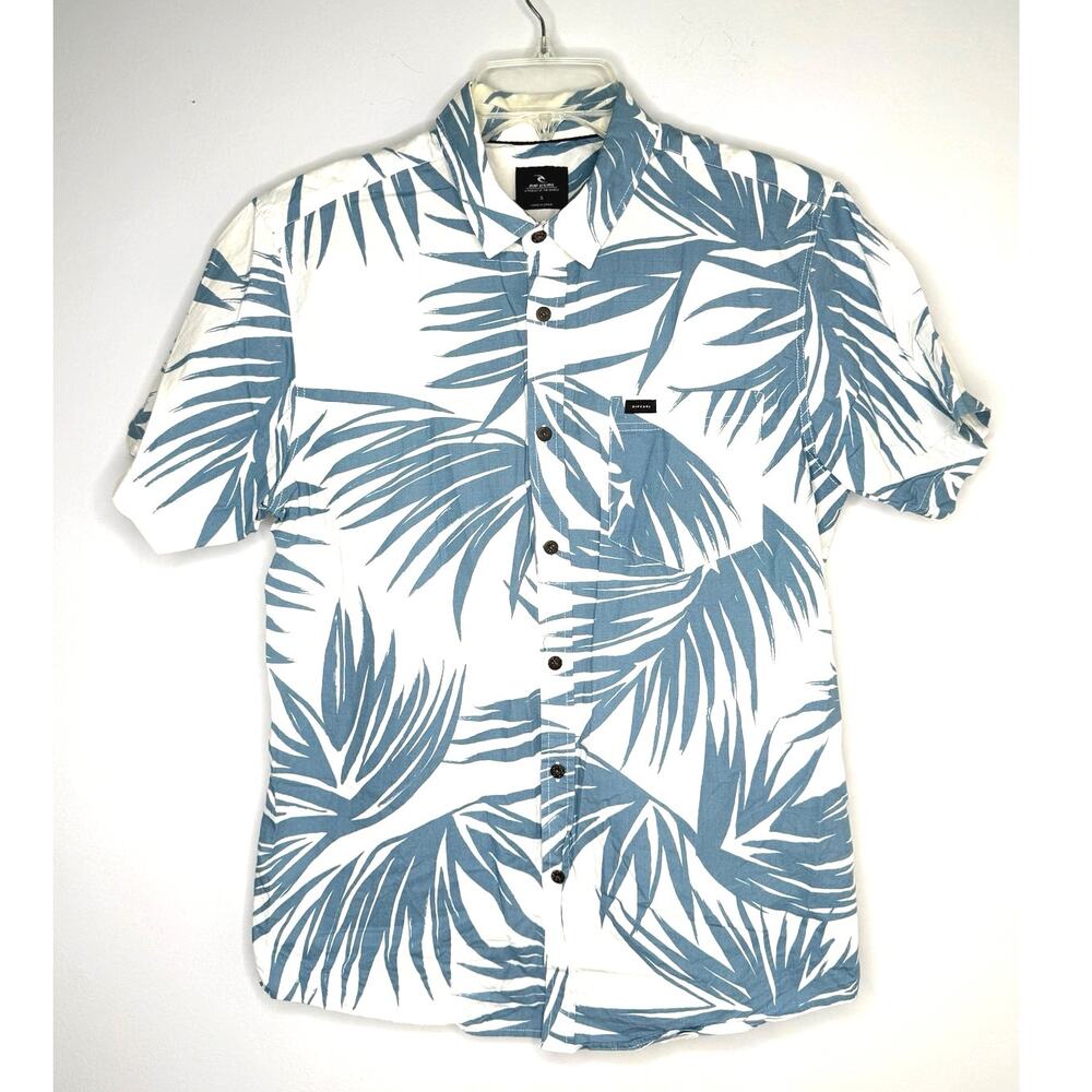 Rip Curl White Teal Palm Short Sleeve Button-up Mens Shirt    Sz S Hawaiian EUC